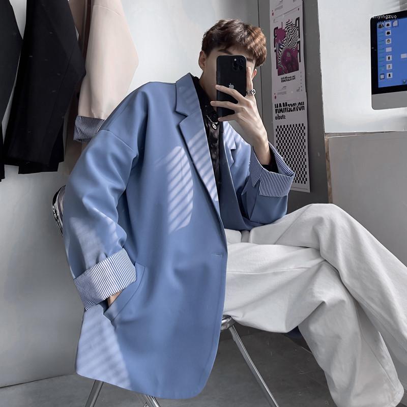 

Men's Suits Men Blazer Solid Casual Korean Long Sleeves Blue Costume Homme 2022 Spring Autumn Loose Pocket Button Black Suit Jacket Male, Beige
