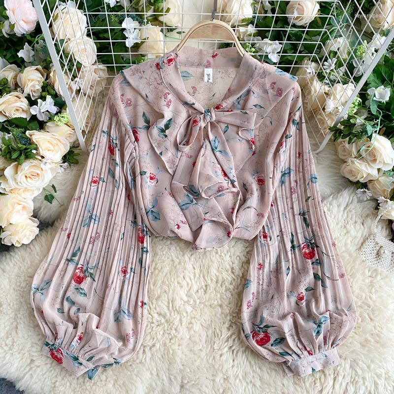 

Women's Blouses Women Shirts Lantern Sleeve Blusas Mujer Shirt 2022 Korean Elegant Pleated Bandage Blouse Chiffon Tops, Khaki