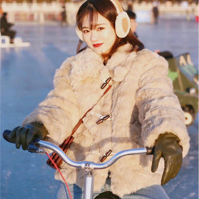 

Women' Fur Plush Fleece Jacket Women 2022 Autumn And Winter Loose Plus Size Horn Buckle Warm Faux Lamb Wool Coat NS2249, Light coffee