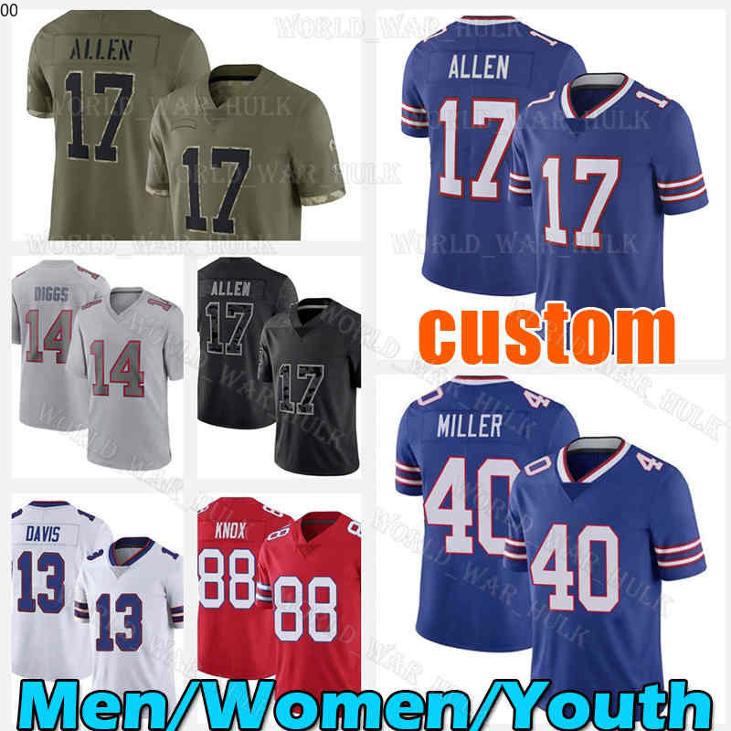 

17 Josh Allen Football Jersey Stefon Diggs Buffalos 88 Dawson Knox Von Miller Poyer Billes Gabriel Davis Micah Hyde Devin Singletary Bruce Smith Isaiah McKenzie Cook, Custom new youth(a g)