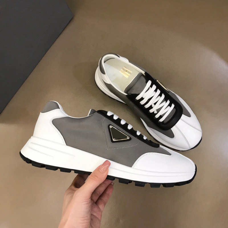 

Black Grey Leather and Nylon Designer Shoes Mens Casual Runner Sneaker Lace Up Sporty Trainers Rubber Lug Sole