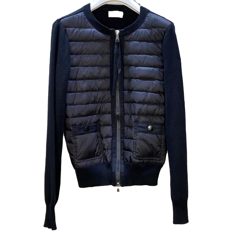 

Designer Womens Down and Parkas Knitted Splice Four Pocket Cardigan Crew Neck Lightweight Short Top Couple Fit Slim Embroidery Badge Jacket, Black