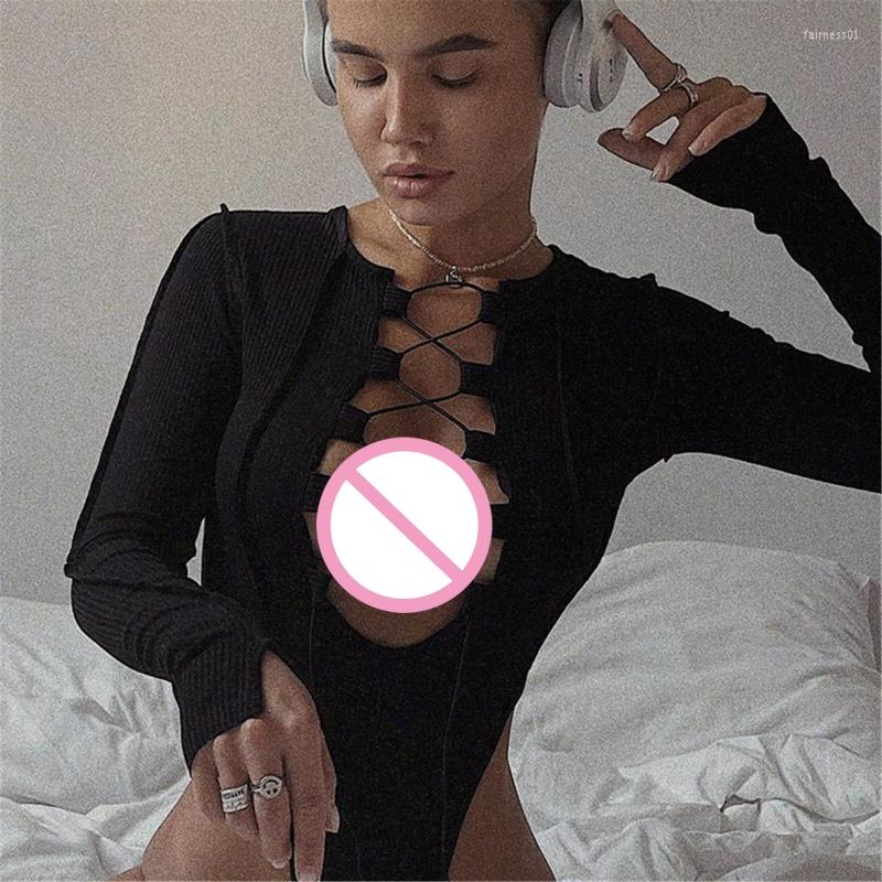 

Women' Vests Women Sexy Long Sleeve Bodysuit Bandage Patchwork Club Party Wear Outfit Ribbed Knitted Tie Up High Waist Jumpsuit Tops, Black