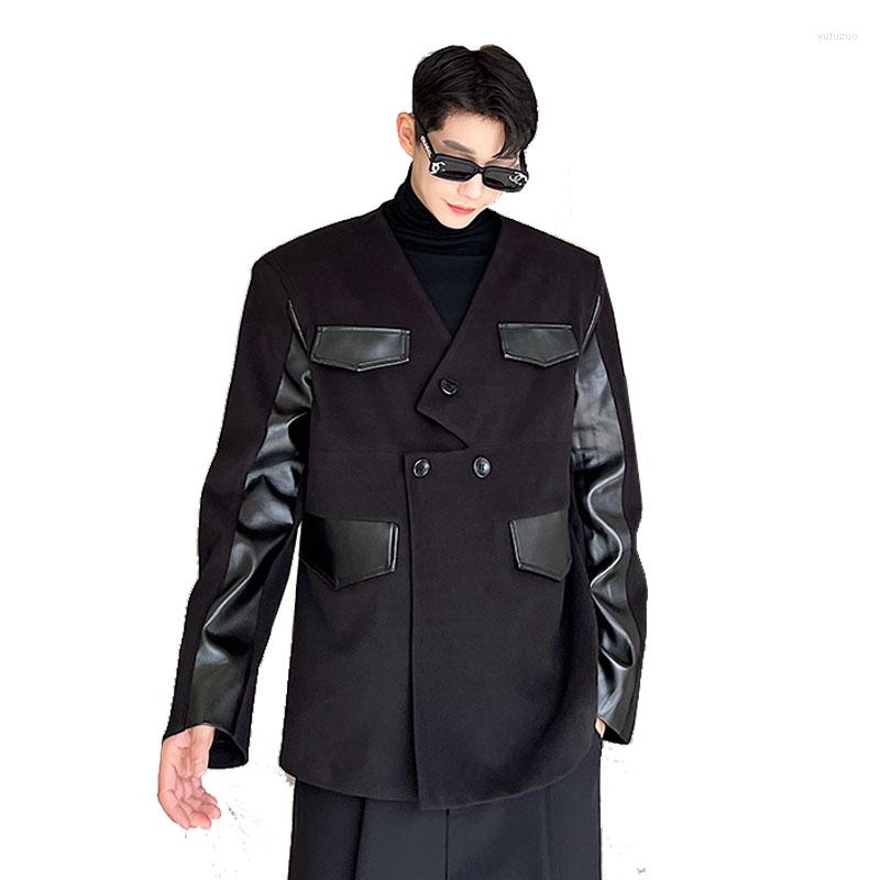 

Men's Suits Men Double Breasted Asymmetrical PU Leather Splice Wool Suit Coat Blazers Male Streetwear Fashion Vintage Casual Blazer Jacket, W10253