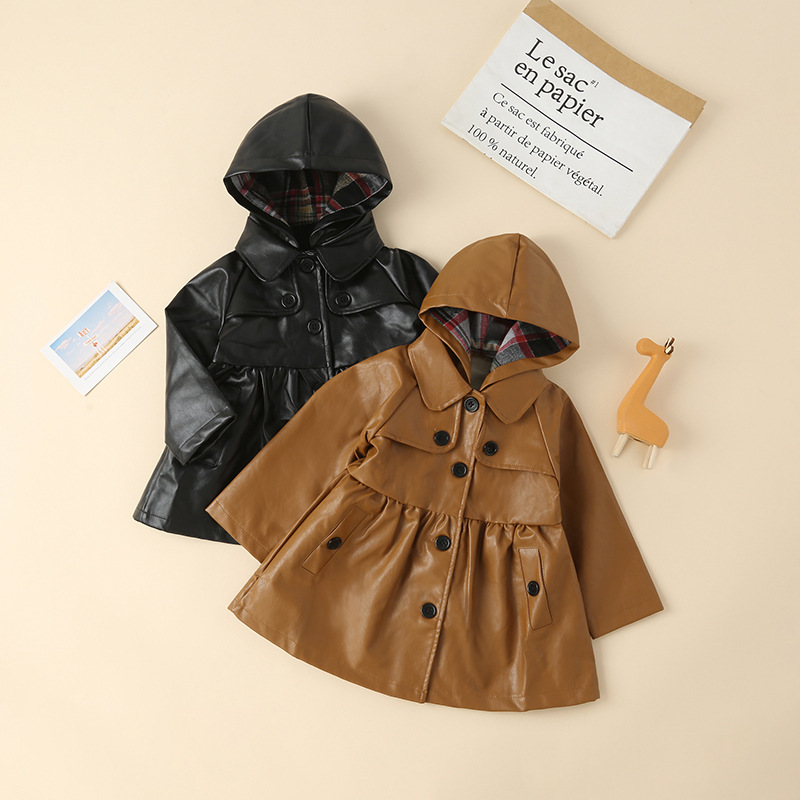 

Fahion Girls Autumn winter jacket girls hooded pu leather button windbreaker, As picture