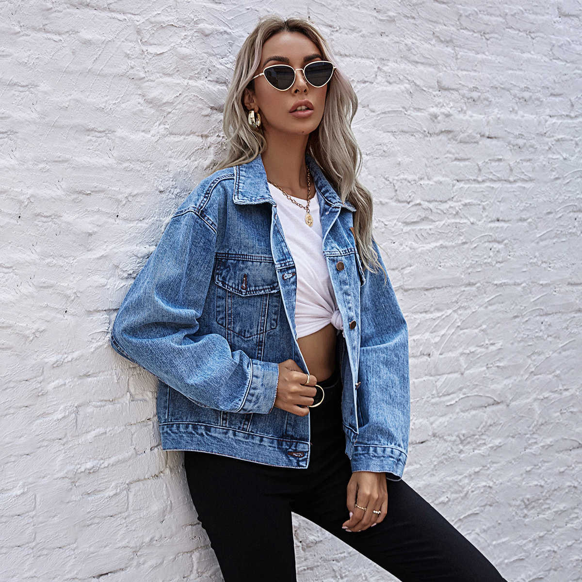 

Women's Jackets Ins Fashion Commuter Loose And Versatile Denim Coat Autumn Black Color Blue Color T221008, Light blue