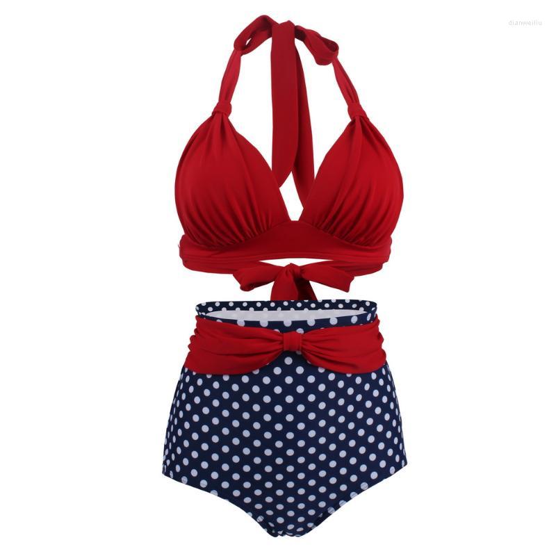 

Swimwears Pleated Bikini Red Top Navy Blue With White Dots Bottom Women Classic High Waist Halter Sets Plus Size Two-piece Swimwear