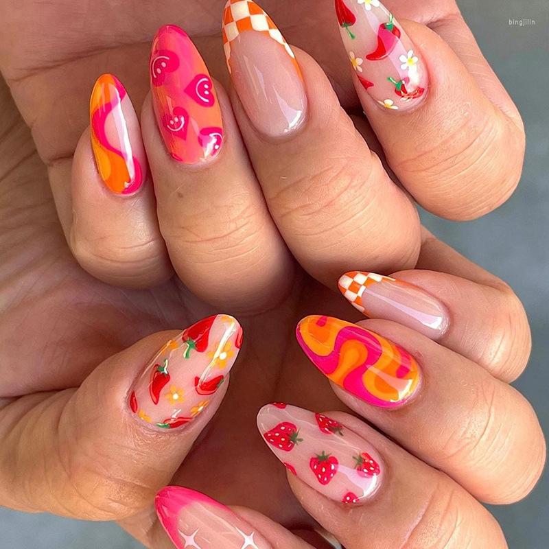 

False Nails 24Pcs Almond With Cute Heart Strawberry Chili Design French Checkerboard ABS Press On Wearable Manicure Tips, Hslj03