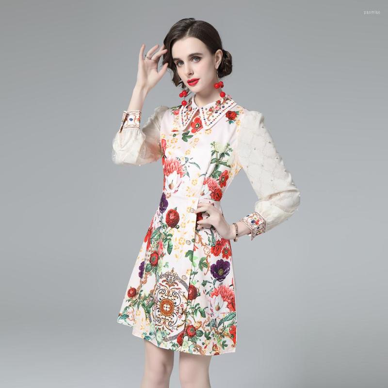 

Casual Dresses Lace Lantern Sleeve Luxury Designer Mini Runway Women Elegant Vintage Court Floral Print Party Dress, Beige