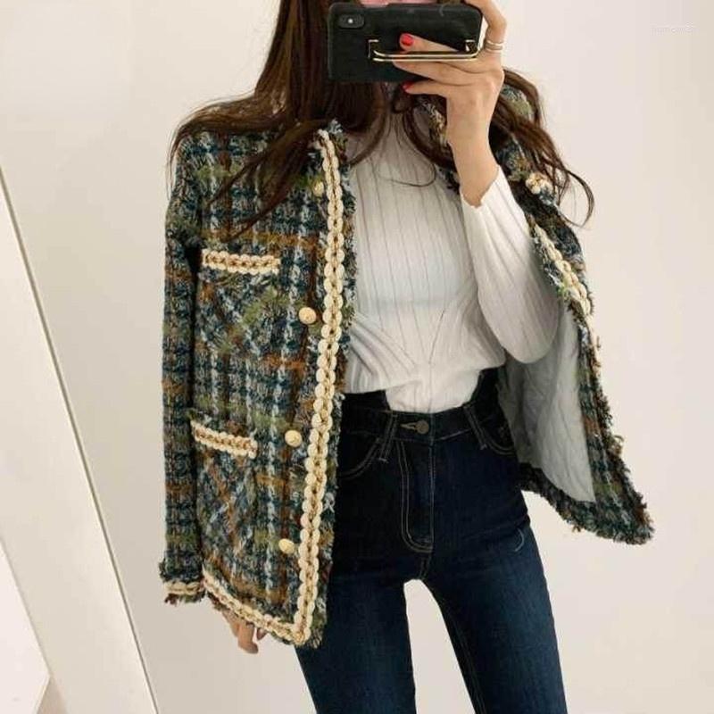

Women' Jackets Vintage Green Plaid Tweed Woolen Jacket Coat Women O-neck Long Sleeve Single-Breasted Slim Casual Elegant Outwear Cardigan, Photo color