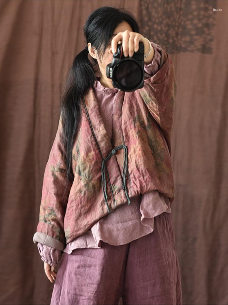 

Women's Trench Coats Women Parkas 2022 Winter Autumn Lace Up Cotton Linen Print Cotton-padded Clothing Vintage Fashion Thick Coat Female