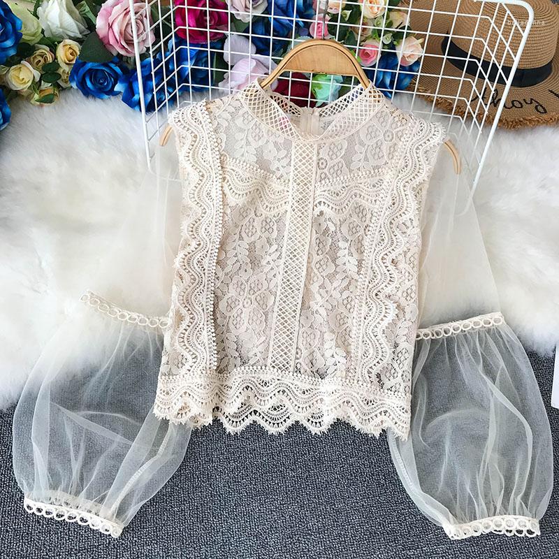 

Women's Blouses Collection Ladies Mesh Lace Hook Flower Lantern Sleeve Loose Retro Short Pullover Blouse Shirts Women Fashion Voile Suits, Green