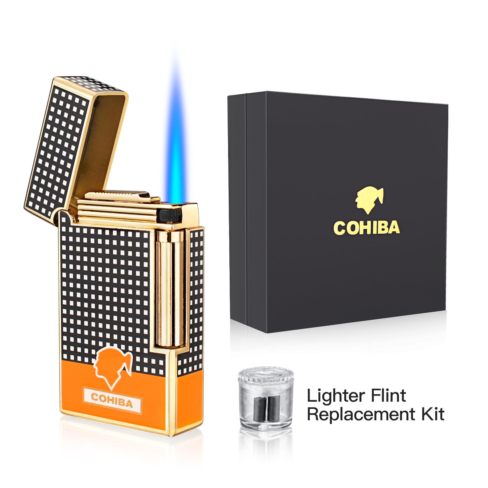 

Cigar Lighter Cohiba Torch Jet Flame Refillable Butane Gas Flintstones Lighter with Cigar Punch Cigar Accessories for Gift Box