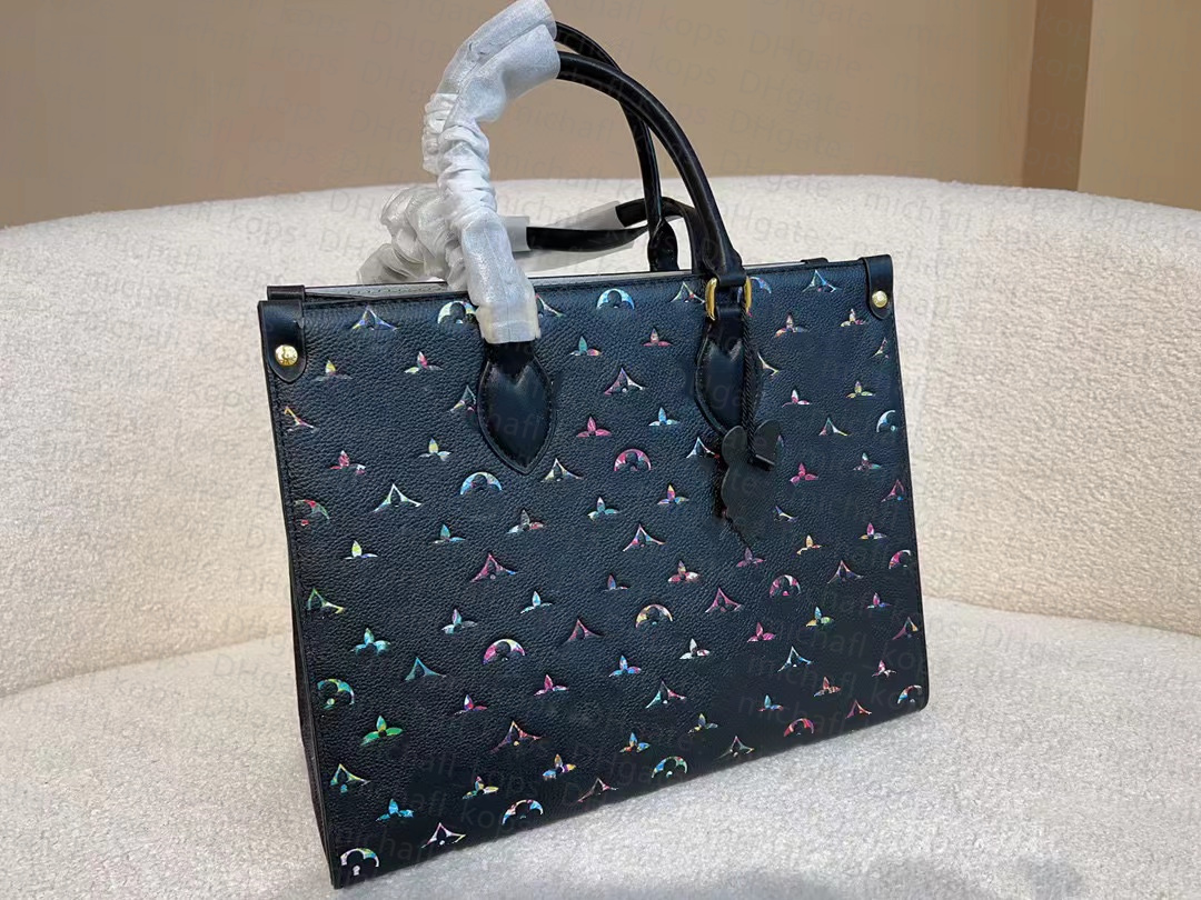 

5A handbag large capacity Tote woman bag onthego imported cowhide color logo design 2022 personality cross-body shopping bag designer, Black