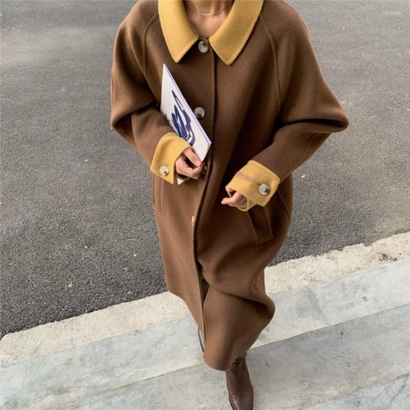 

Women's Jackets Chic South Korea Autumn And Winter French Retro Lapel Color Single Breasted Loose Knee-length Woolen Coat Women, Khaki