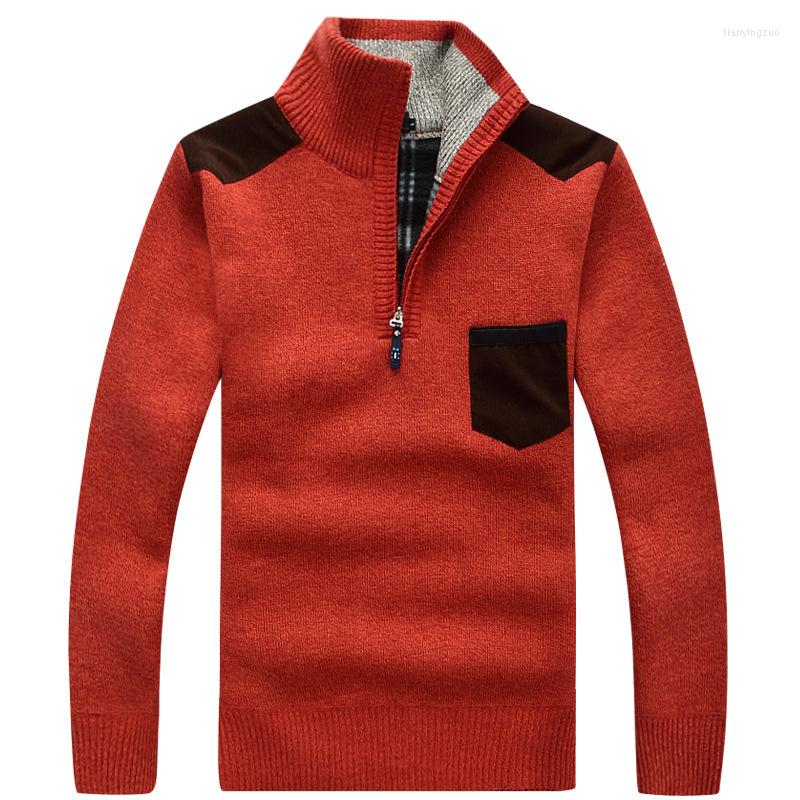 

Men' Sweaters Winter Mens Pullover Knitted Sweater Male Wool Fleece Thick Casual Patchwork Warm Pocket Standing Collar