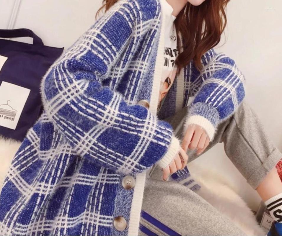 

Women's Knits Plaid Mohair Knit Cardigan Ladies Sweater Loose Lazy Wind Coat Wholesale, As photo 1