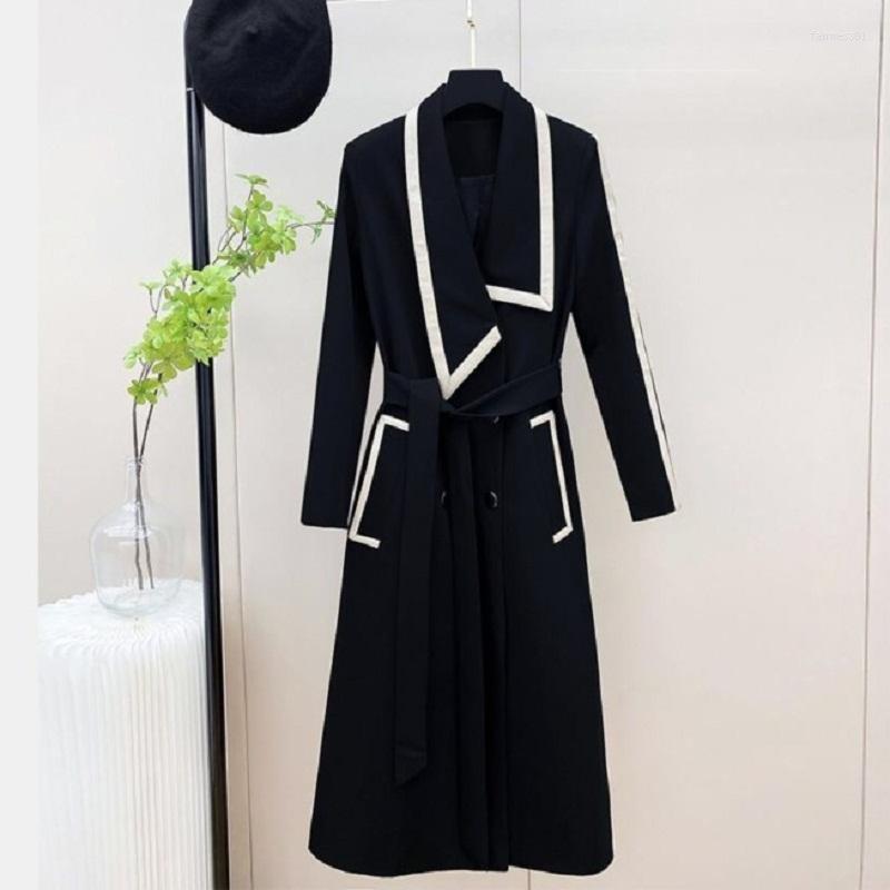 

Women' Trench Coats Lady Black/White Patchwork X-Long Coat With Belt Original Design Women' Big Lapel Collar Slim Double Breated
