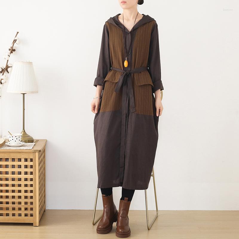 

Women's Trench Coats Johnature Women Hooded Vintage Button Linen Patchwork 2022 Autumn Bandage Pockets Female Clothes Casual, Dark blue