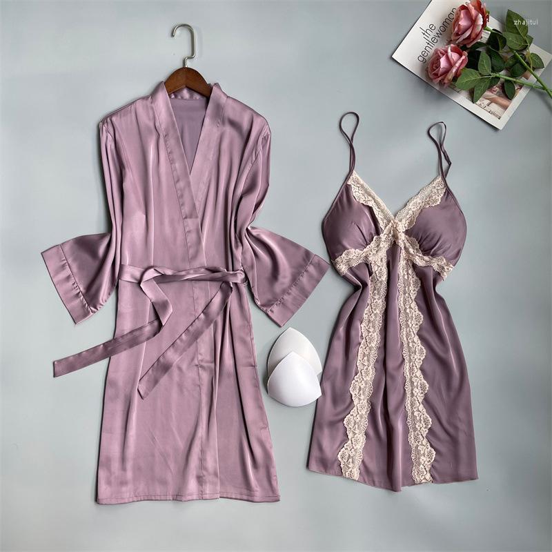 

Women's Sleepwear Women's Sexy Robe Set With Lace Female 2PCS Bathrobe Suspender Nightdress V-Neck Kimono Gown Suit Women Home Wear, Red