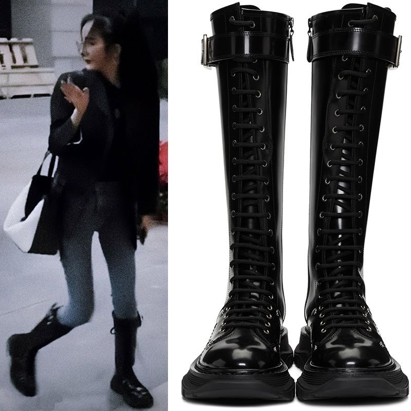 

2022 High Boots Women's Full Cowhide Martin Knight's Thick Sole Elevated Slim Solid Low Heel Side Zipper, Box