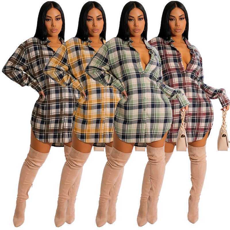 

Women Fashion Comfortable Cotton Plaid Coat Shirt Dress Turn Down Collar Full Sleeve Blouse Dress Casual Single Breasted Loose Short Vestidos, Green