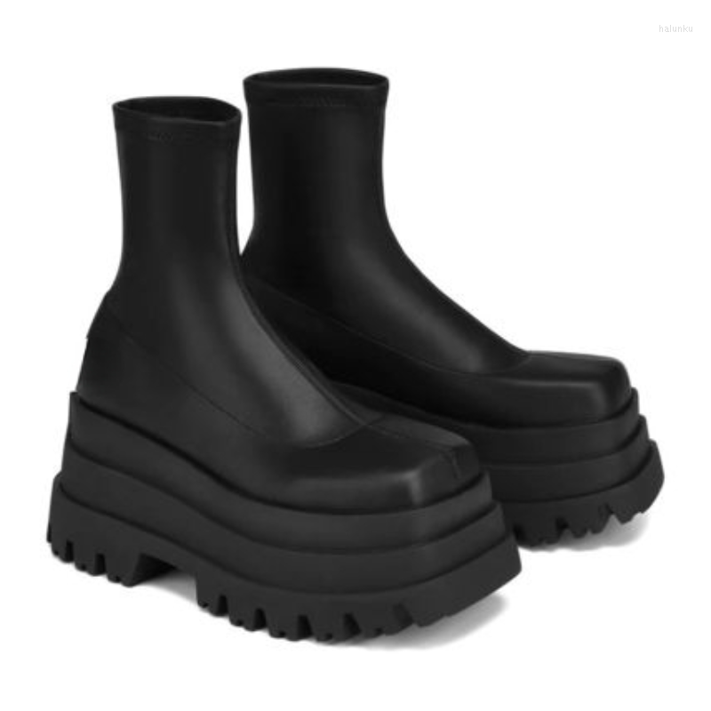 

Boots 2022 Autumn And Winter Square Head Thick Heel High Waterproof Platform Stretch Leather Large Size Patent, Black3