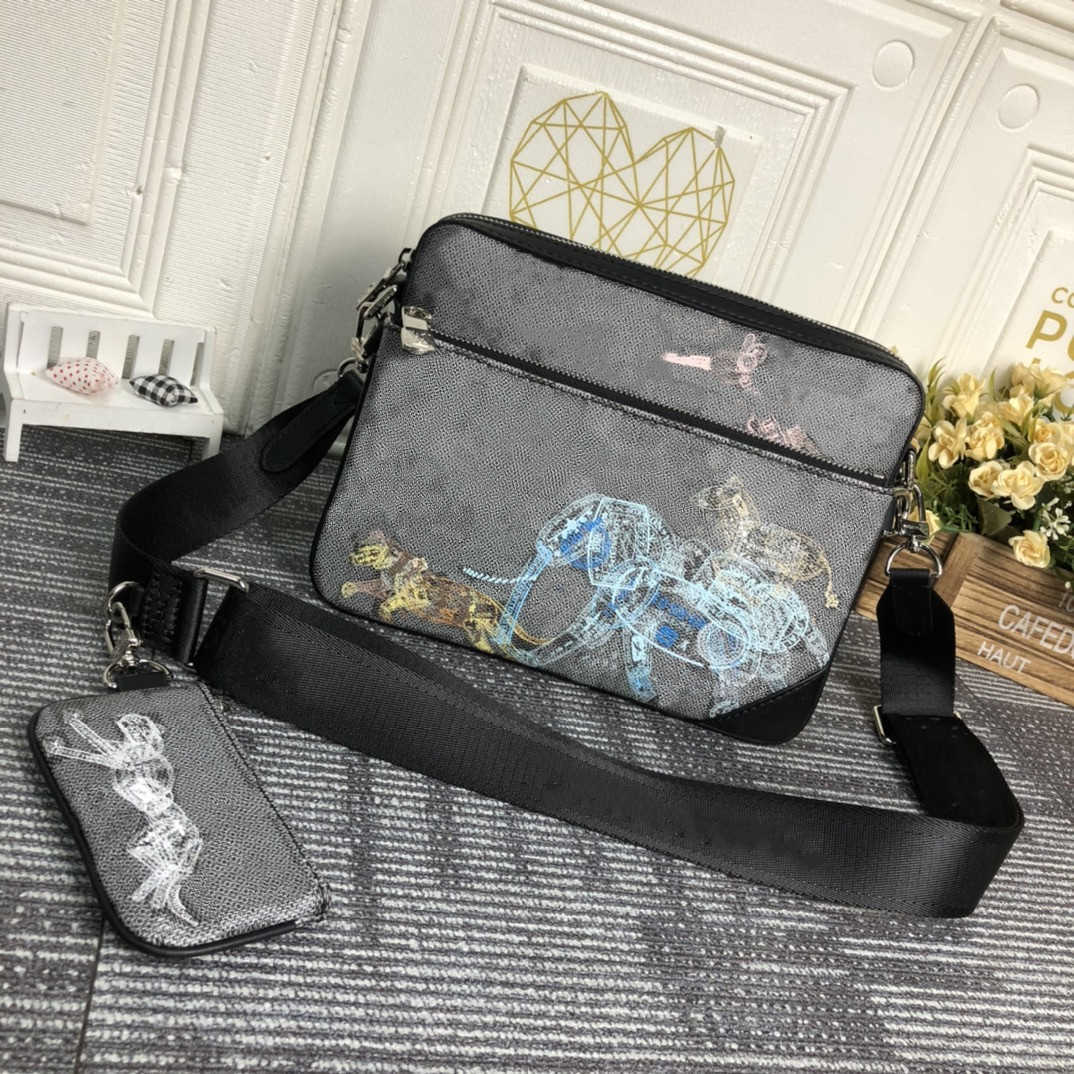 

TRIO WF Luxury Pochette 3PCS Set Briefcases Handbags Reverse Shoulder Bags Leather Totes Purse Men Genuine Cross body Messenger Bag Make up Designer, Black grid
