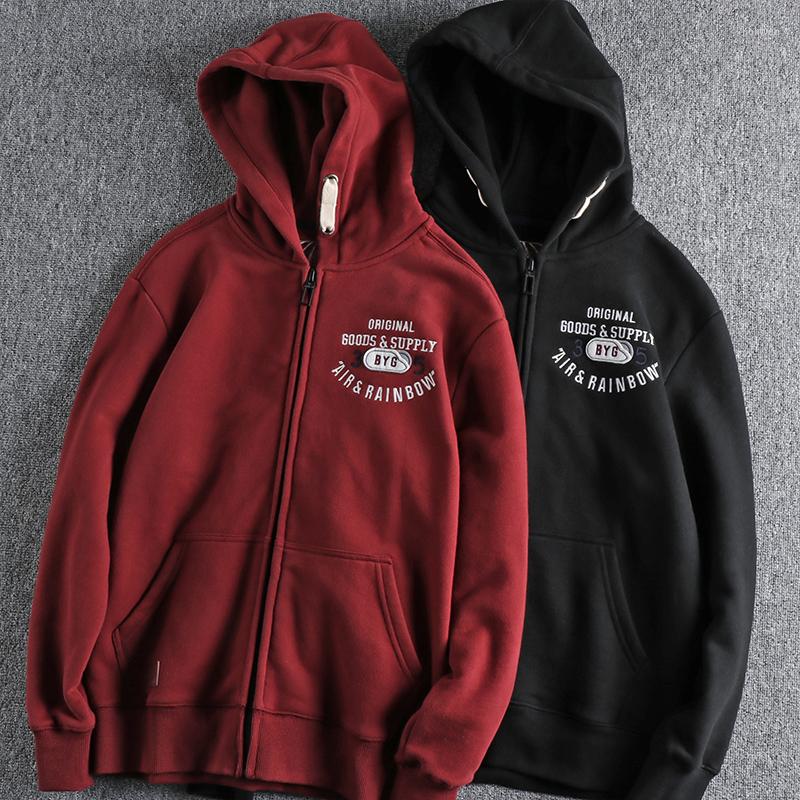 

Men's Hoodies Retro American Trend Heavy Plus Velvet Padded Hooded Sweater Men's Youth Cardigan Jacket, Black