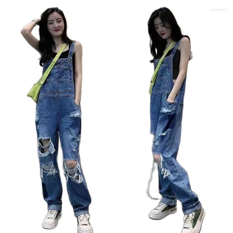 

Women' Jeans Cotton Denim Jumpsuits Summer Thin Loose Wide Hem Overalls Side Pockets With Holes, Deep blue no hole