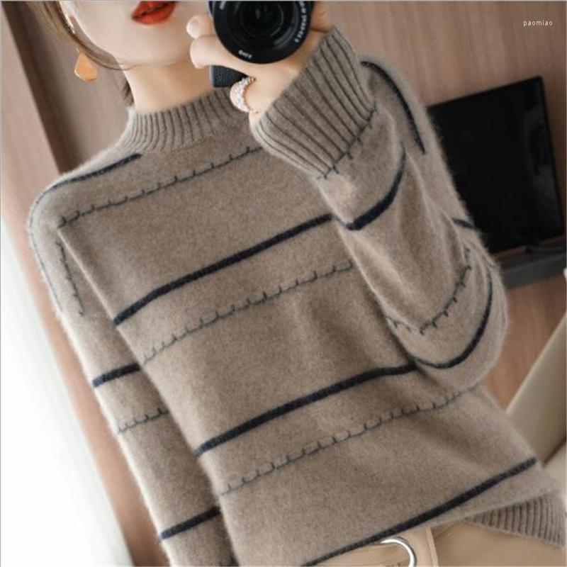 

Women's Sweaters Half Turtleneck Woman Knitted Pullover Fashion Striped Long Sleeve Brown Sweater Women Loose Basic Ladies Tops Clothing, Khaki