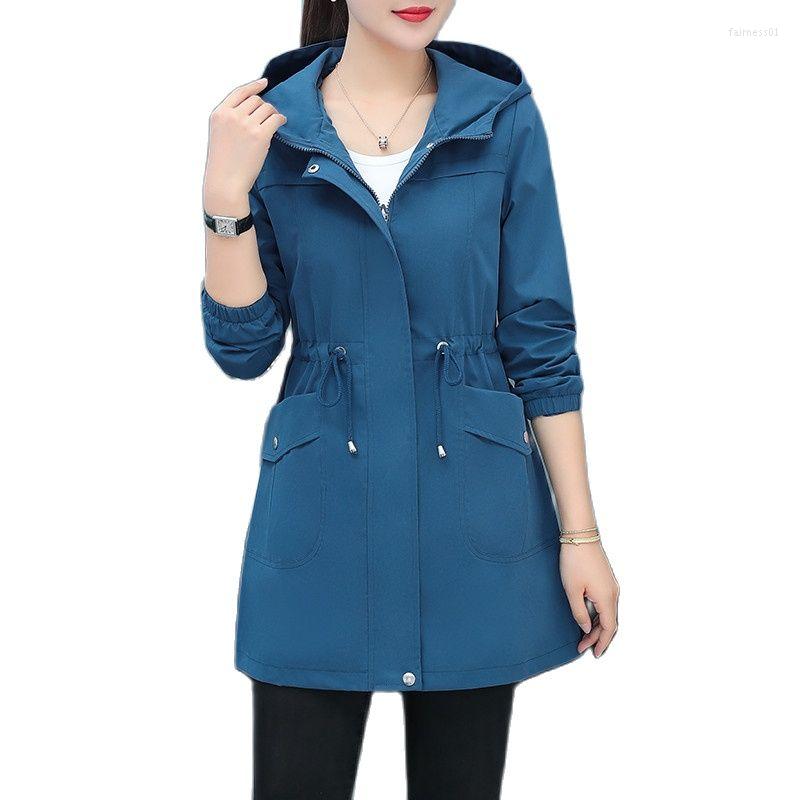 

Women's Trench Coats 2022 Spring Women's Coat Solid Color Simple Design Casual Windbreaker Fashion Mid-length Zipper Female Hooded, Blue
