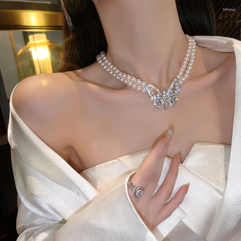 

Choker The Butterfly Pearl Necklace Multi-Layered Wearing Elegant Temperament Clavicle Chain French Female