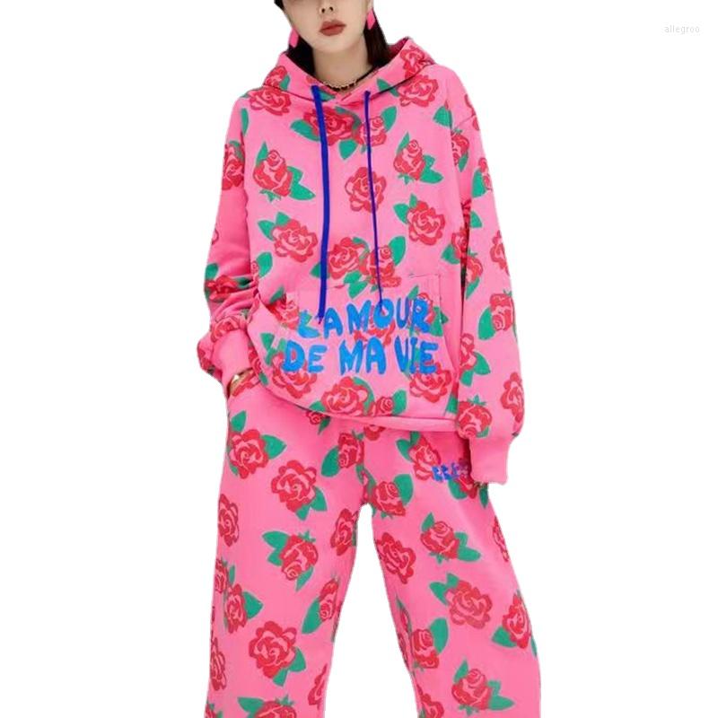

Women' Two Piece Pants Women Tracksuit Hoodies Casual Rose Long Sleeve Pink Hooded Sportswear Suit Hoody Pullovers Pant Pieces Sets XC202