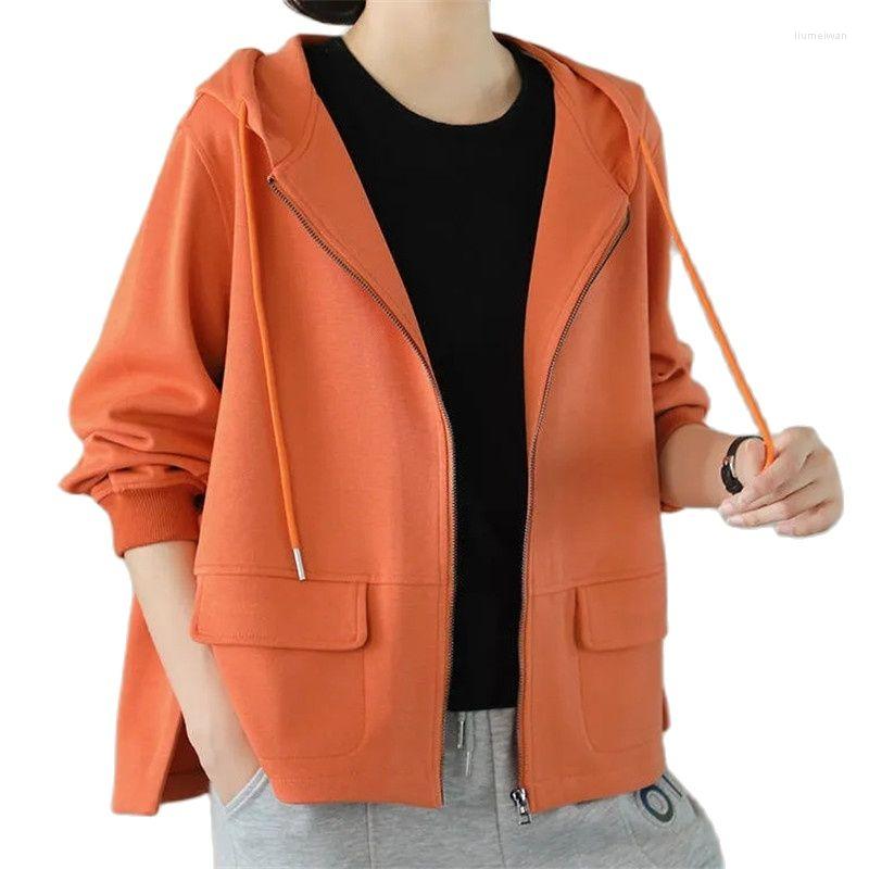 

Women's Jackets Women Coat Retro Casual Spring Autumn Loose Thin Hooded Zipper Sweater Hoodie Short Jacket Tooling Outerwear Female 2022, Orange
