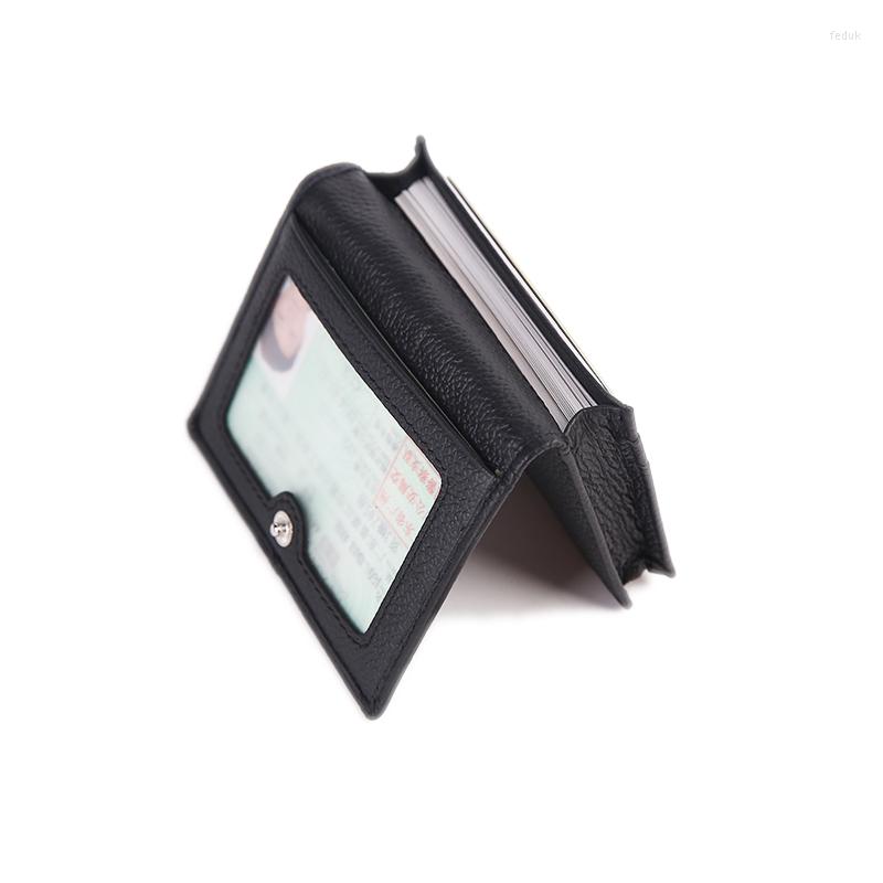 

Card Holders Mens Business Cards Case For Credit ID Bifold Snap Button Closure With Transparent Po Window Unisex High Quality, Black
