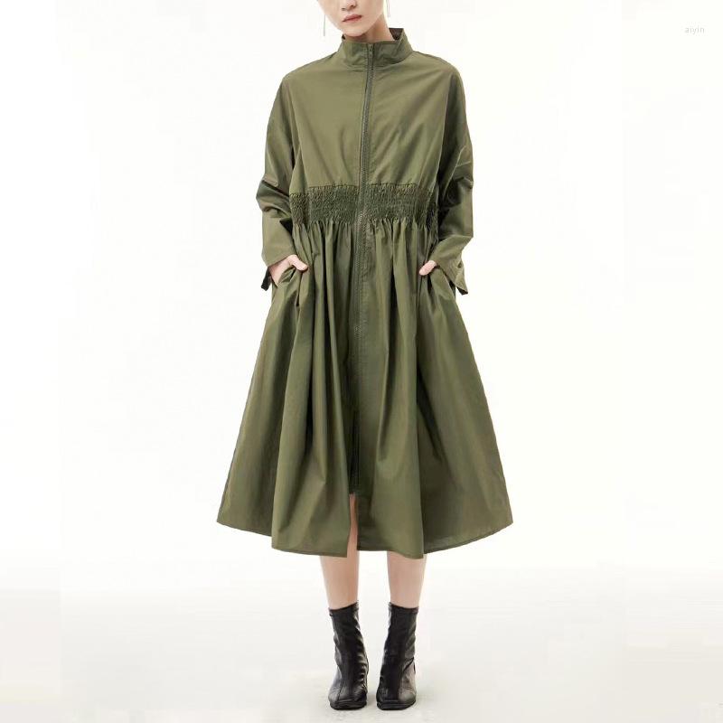 

Women's Trench Coats 3Colors Solid Color Mandarin Collar Coat Women Pleated Long Jacket Autumn Sleeve Windbreaker, Black
