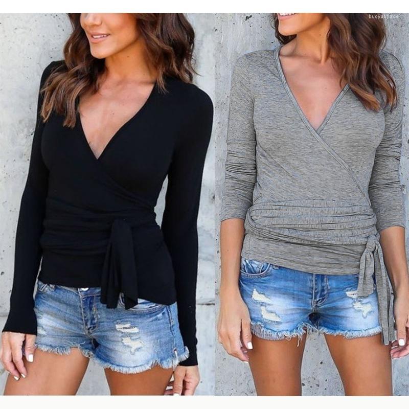

Women' Blouses Women' & Shirts Sexy Deep V-neck Blouse For Women Ladies Spring/summer Belt Solid Color Top Long Sleeve Streetwear, Black