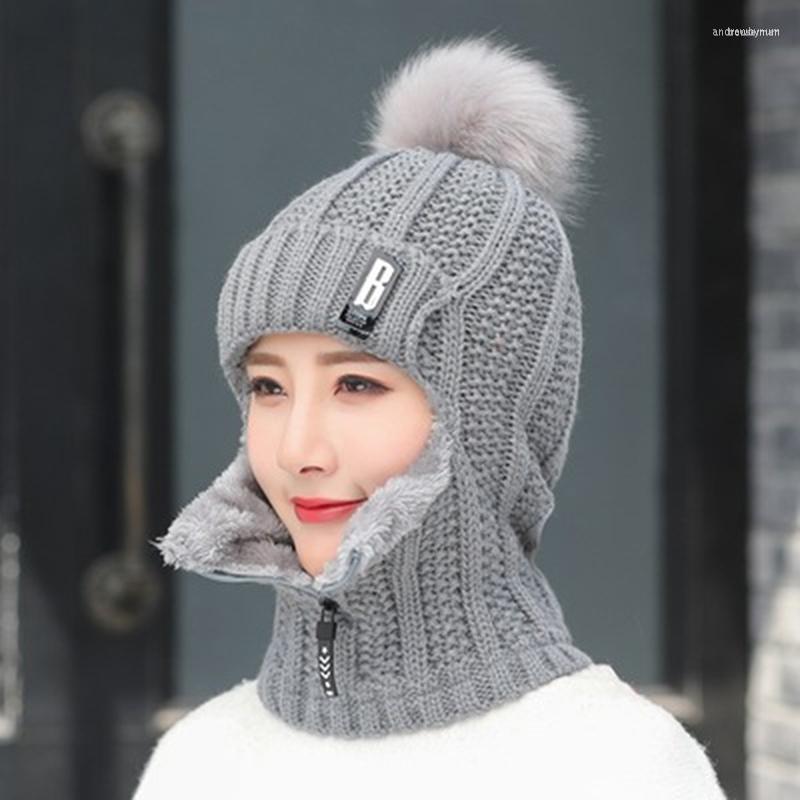 

Berets Winter Women Knitted Hats Add Fur Lined Warm For With Zipper Keep Face Warmer Balaclava Pompoms Cap, Gray