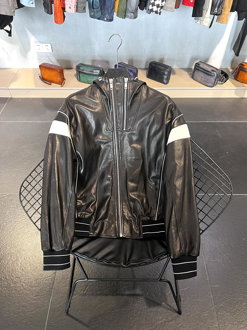 

New Design Men's Fashion Casual Leather Jacket Luxury Clothing Brand Sheepskin Material Motorcycle Splice Jacket, Black