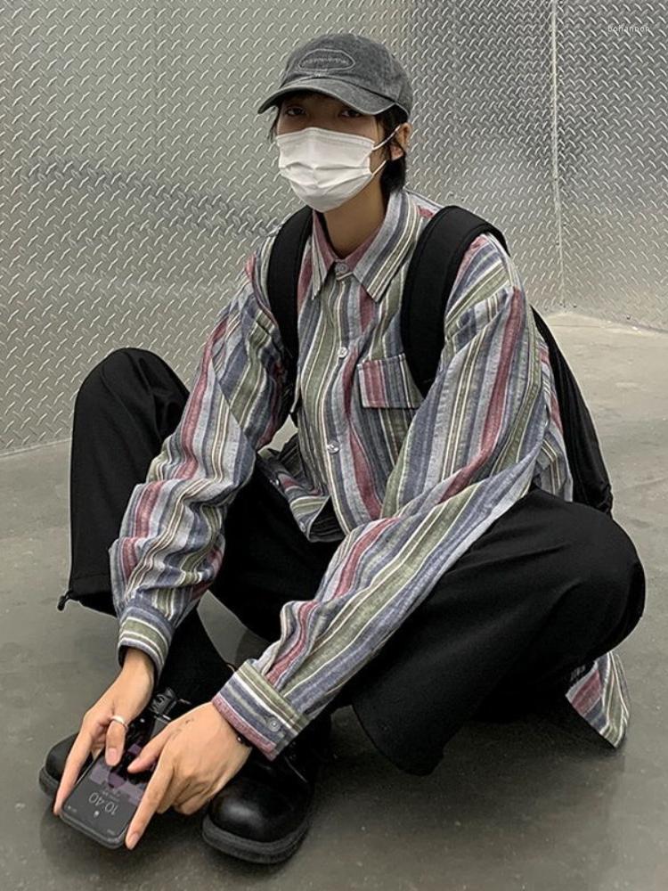 

Men's Hoodies ZCSMLL Vintage Striped Long Sleeve Shirt Men's Style Rainbow Color Matching Original Ruffian Loose Casual Blouse, Picture shown