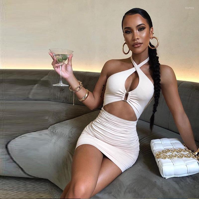 

Casual Dresses Halter Ruched Bodycon Dress Cut Out Backless Sexy Women Summer 2022 Mini Party Night Club Orange Black White