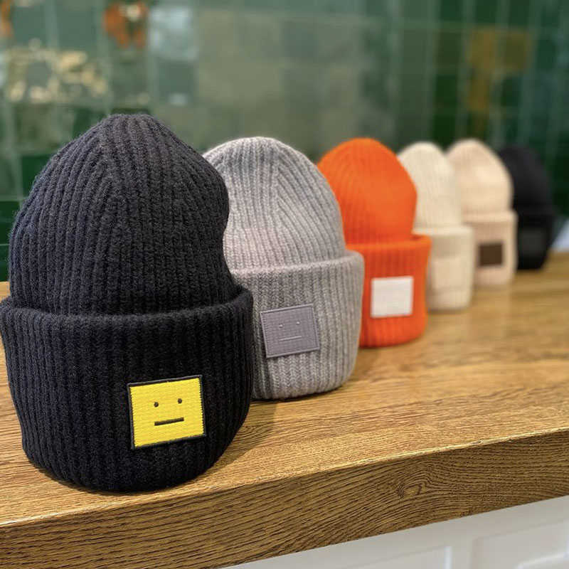 

Designer Acne Caps Sweden Smiley Face Wool Hat Autumn Winter Knitted Warm, Turquoise blue