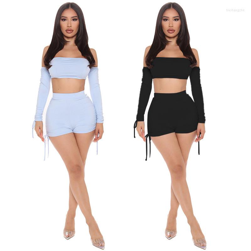

Women' Tracksuits Full Sleeve Solid Shorts Set Women Two 2 Piece Sets Active Tracksuit Sporty Summer Outfits Slash Neck, Black