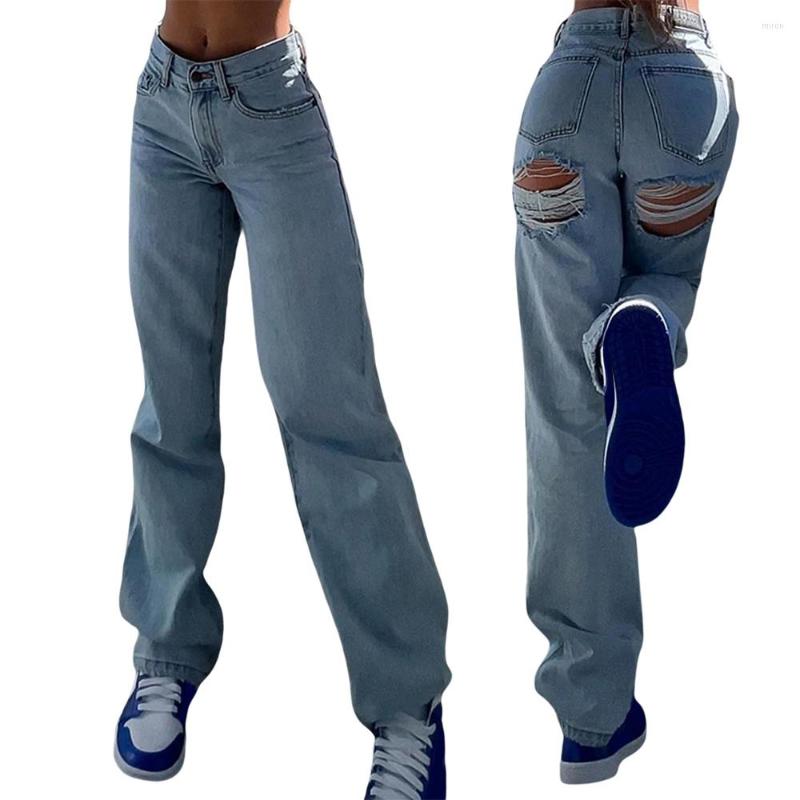

Women' Jeans Women' Full Length Straight Denim Pants Boyfriends Ripped Cowboy Side Pockets Vaqueros Mujer Streetwear, Blue