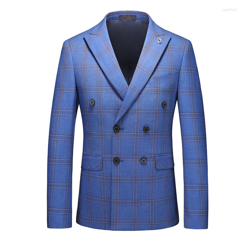 

Men's Suits Fashion Men Double Breasted Stripe Blazer 2 Open Slits In Sides Slim Fit Suit Jacket Luxury Business Wedding Social Tuxedo Coats, Blue