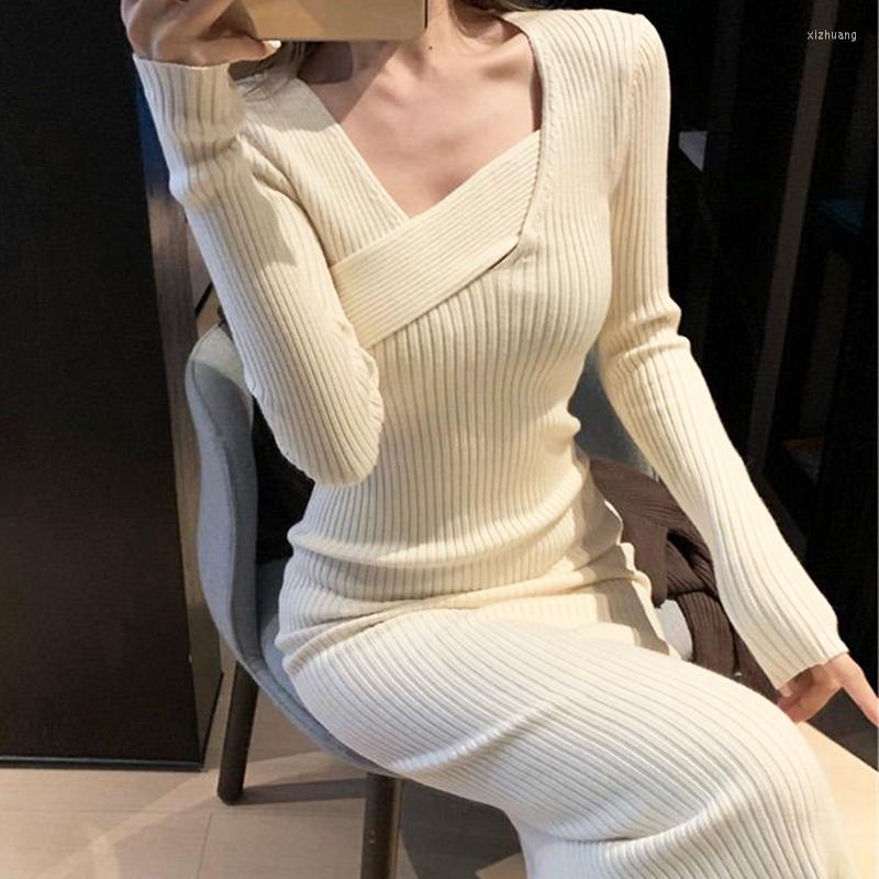 

Casual Dresses Vintage Knitted Dress Women Long Sleeve Sweater Elegant Party Female Spring 2022 Office Lady Slim One-Piece Korean, Brown