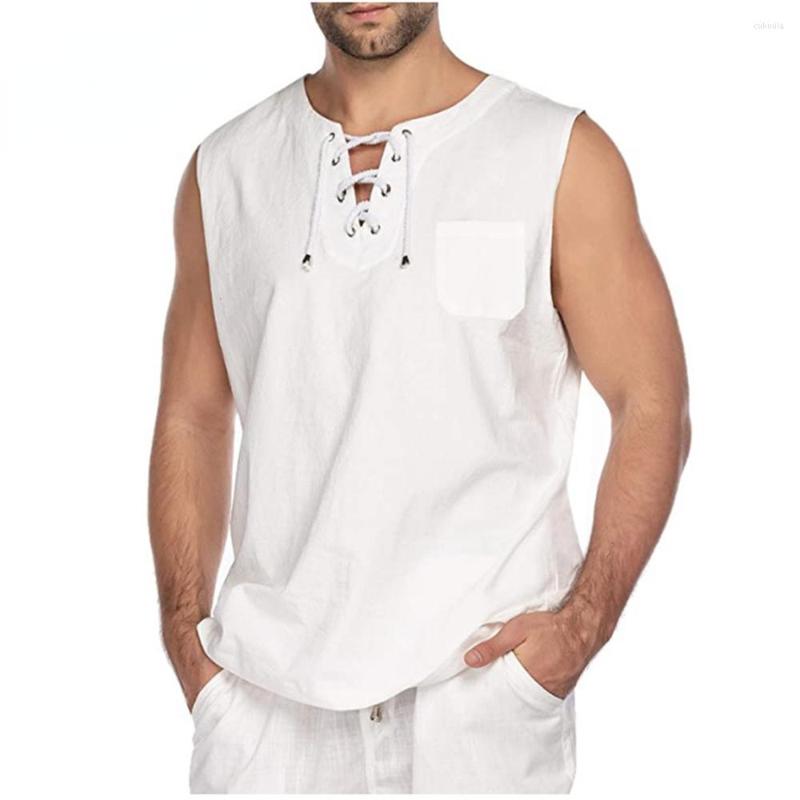 

Men's T Shirts KB Mens Summer Tank Tops Cotton Linen Casual Sleeveless Tees Loose Lace Up O-Neck Streetwear, Beige
