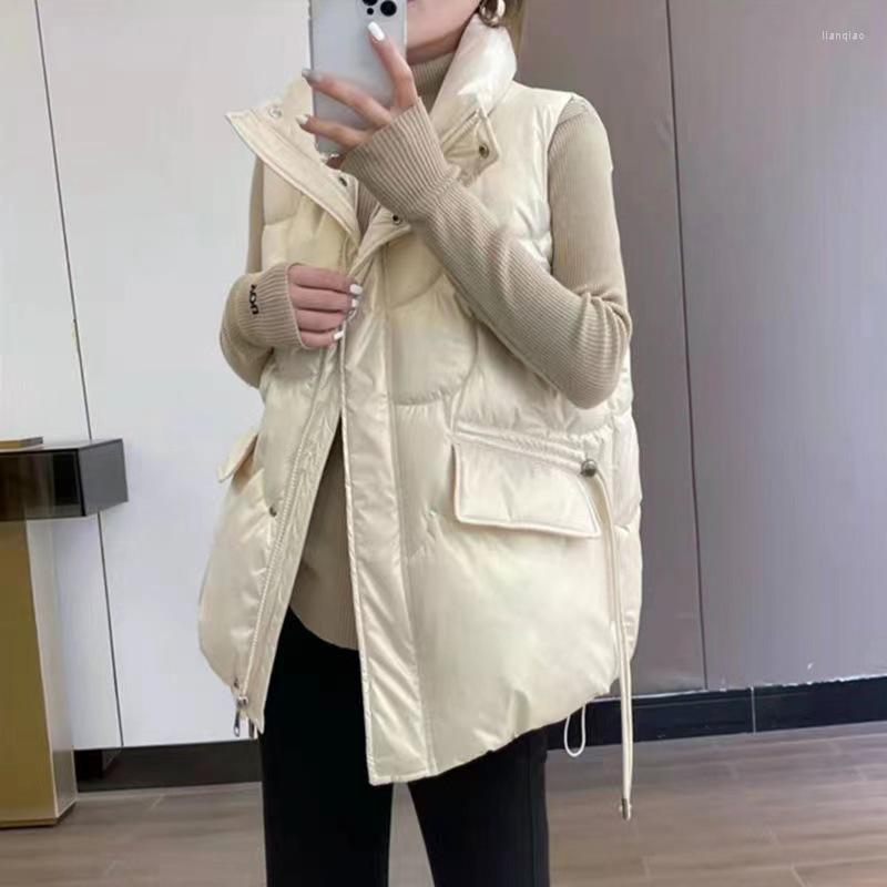 

Women's Down Autumn Winter Women's Shiny Puffer Jacket Vest Solid Casual Ladies Sleeveless Zipper Stand Collar Waistcoat Female 2022, Beige