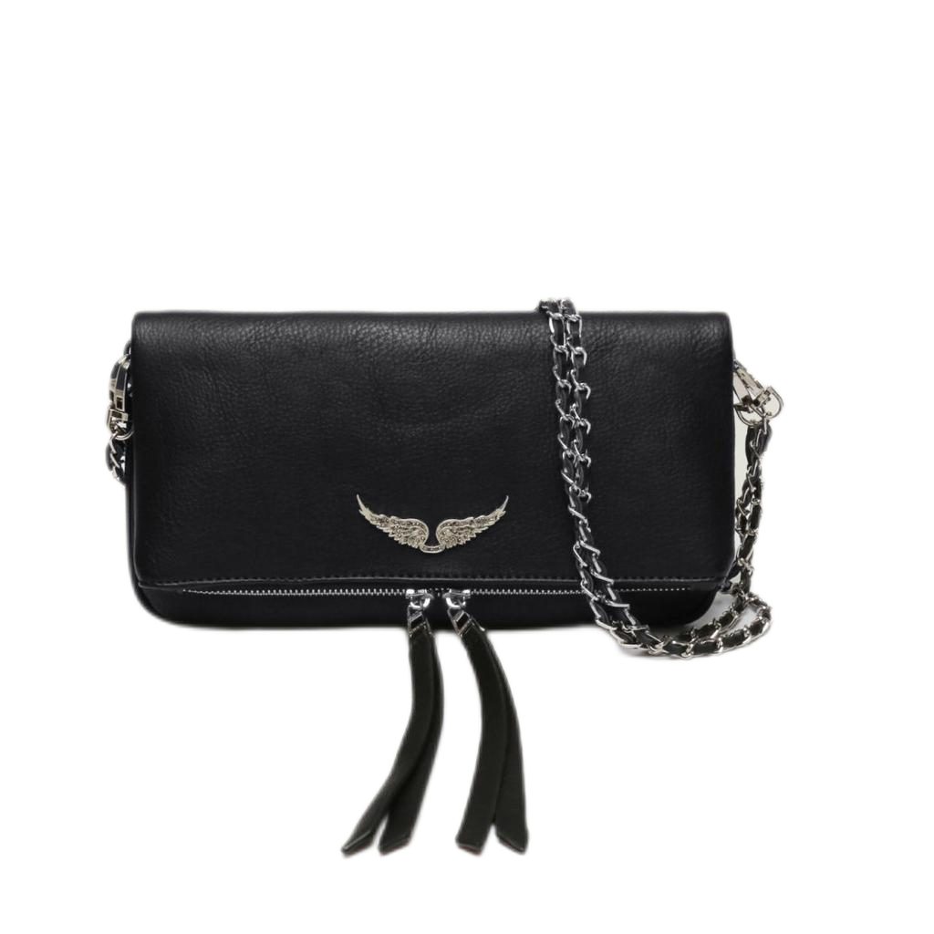 

Luxury Designer Womens Bag Handbag Zadig Et Voltaire Wings Diamond-ironing Plain Sheepskin Leather Messenger Crossbody Two Chain Shoulder Ladies Clutch Hasp Bags, Black